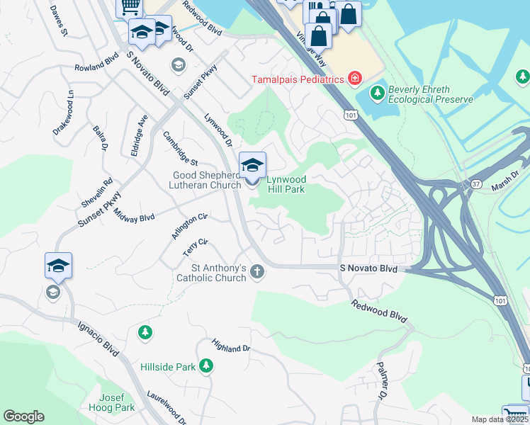 map of restaurants, bars, coffee shops, grocery stores, and more near 15 Columbine Lane in Novato