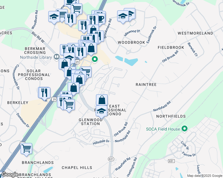 map of restaurants, bars, coffee shops, grocery stores, and more near 832 Mallside Forest Court in Charlottesville