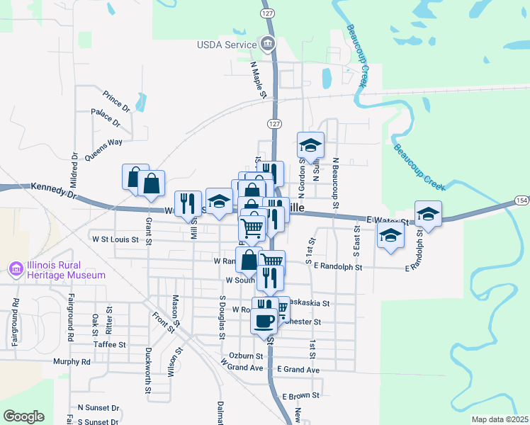 map of restaurants, bars, coffee shops, grocery stores, and more near in Pinckneyville