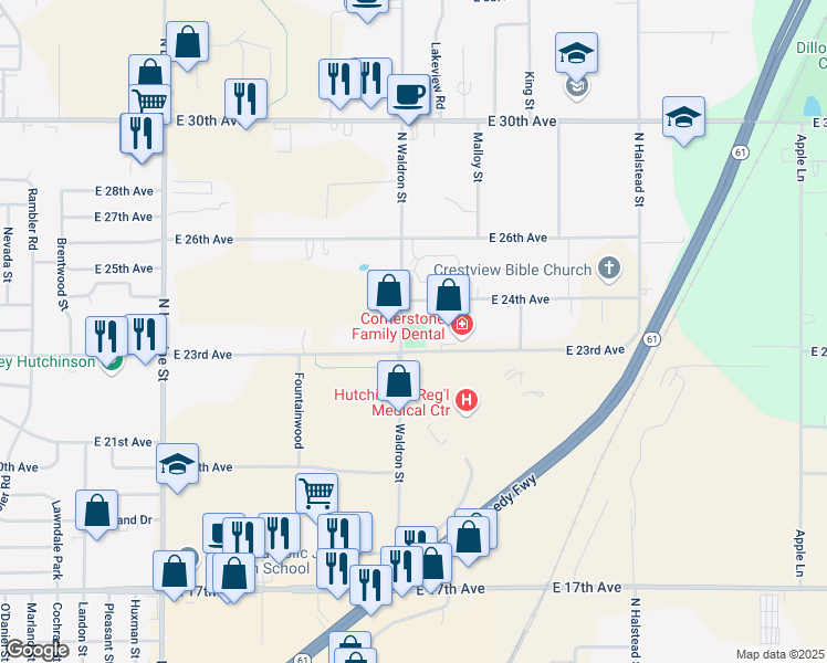 map of restaurants, bars, coffee shops, grocery stores, and more near 2319 North Waldron Street in Hutchinson