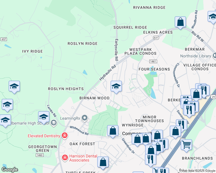 map of restaurants, bars, coffee shops, grocery stores, and more near 1612 Garden Court in Charlottesville