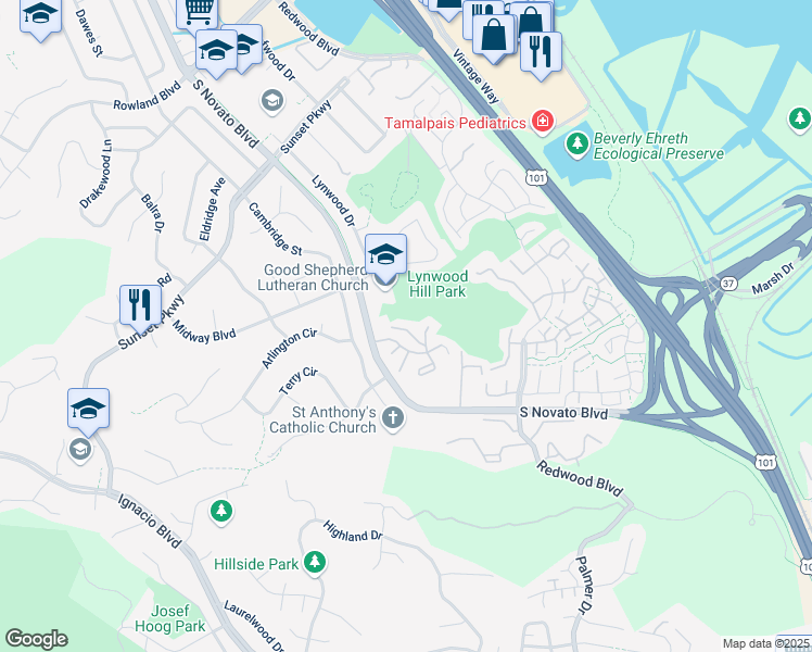 map of restaurants, bars, coffee shops, grocery stores, and more near 15 Columbine Lane in Novato