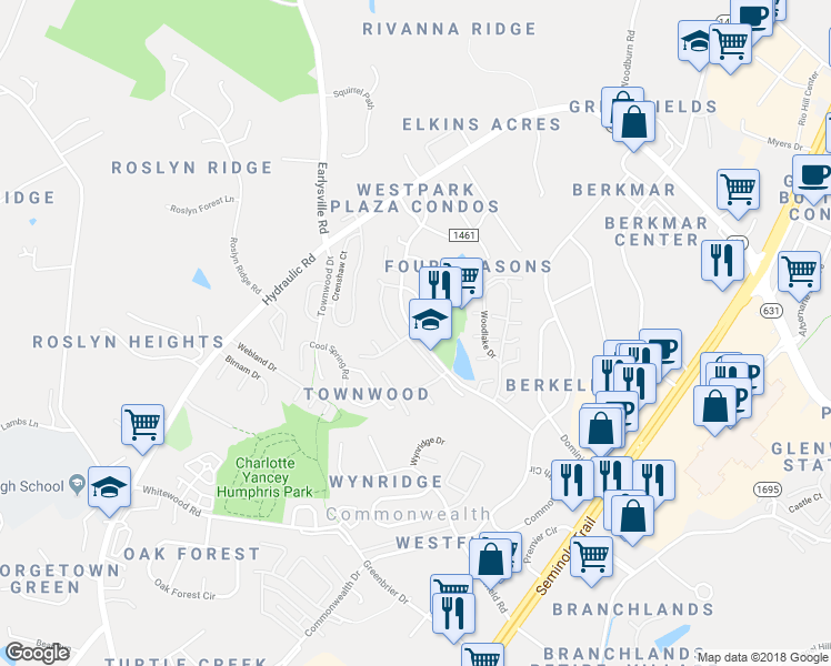 map of restaurants, bars, coffee shops, grocery stores, and more near 10 4 Seasons Drive in Charlottesville