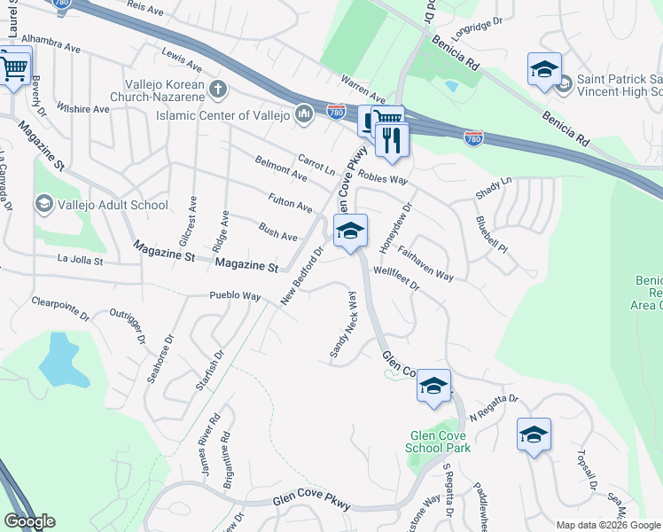 map of restaurants, bars, coffee shops, grocery stores, and more near 145 Chatham Place in Vallejo