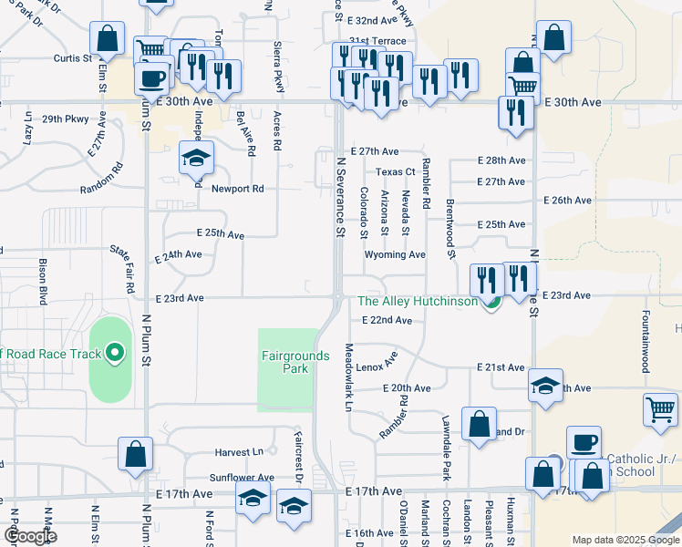 map of restaurants, bars, coffee shops, grocery stores, and more near 2402 North Severance Street in Hutchinson