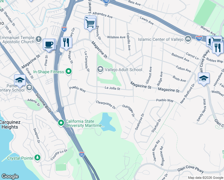 map of restaurants, bars, coffee shops, grocery stores, and more near 469 La Jolla Street in Vallejo