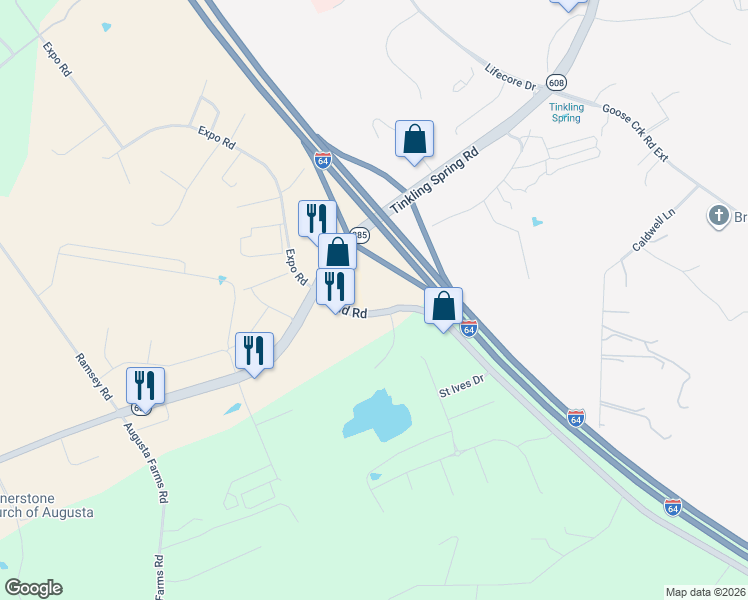 map of restaurants, bars, coffee shops, grocery stores, and more near Ladd Road in Fishersville