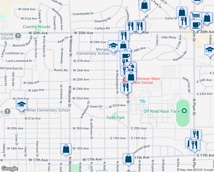 map of restaurants, bars, coffee shops, grocery stores, and more near 119 W 25th Ave in Hutchinson