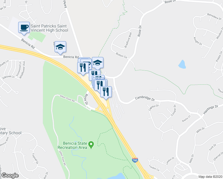 map of restaurants, bars, coffee shops, grocery stores, and more near 900 Cambridge Drive in Benicia