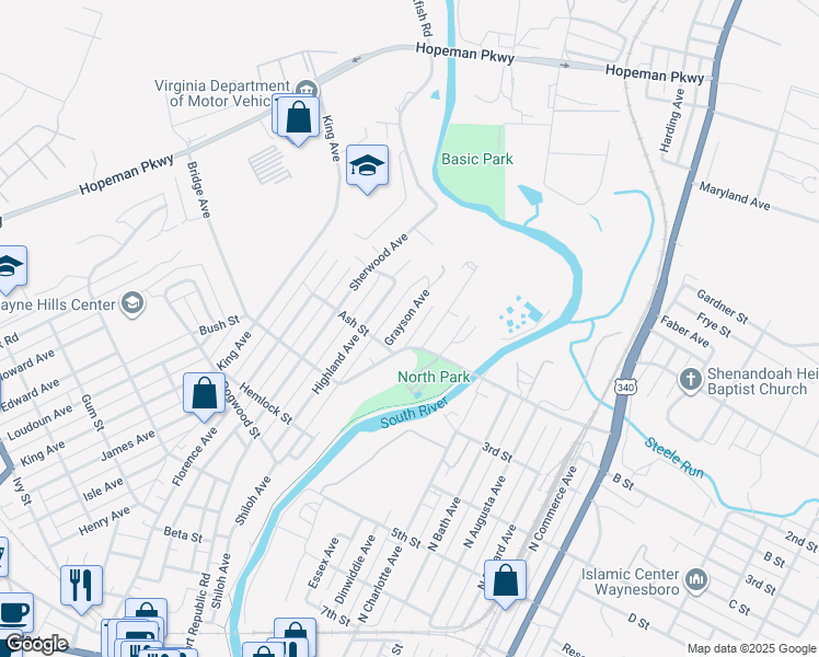map of restaurants, bars, coffee shops, grocery stores, and more near 841 Grayson Avenue in Waynesboro
