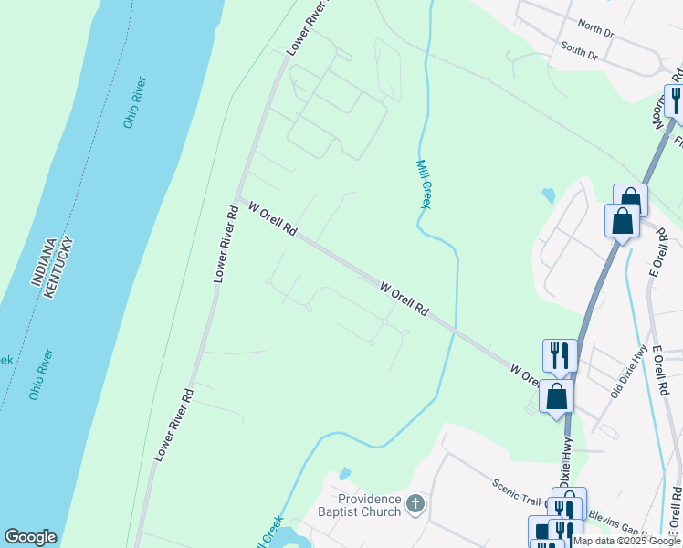 map of restaurants, bars, coffee shops, grocery stores, and more near 7113 West Orell Road in Louisville