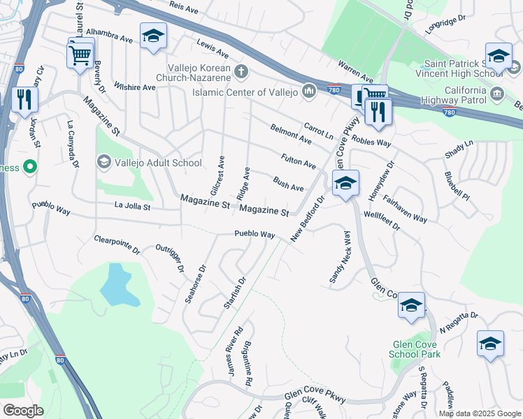 map of restaurants, bars, coffee shops, grocery stores, and more near 1840 Magazine St in Vallejo