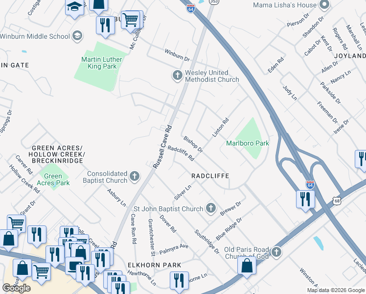 map of restaurants, bars, coffee shops, grocery stores, and more near 614 Bishop Drive in Lexington