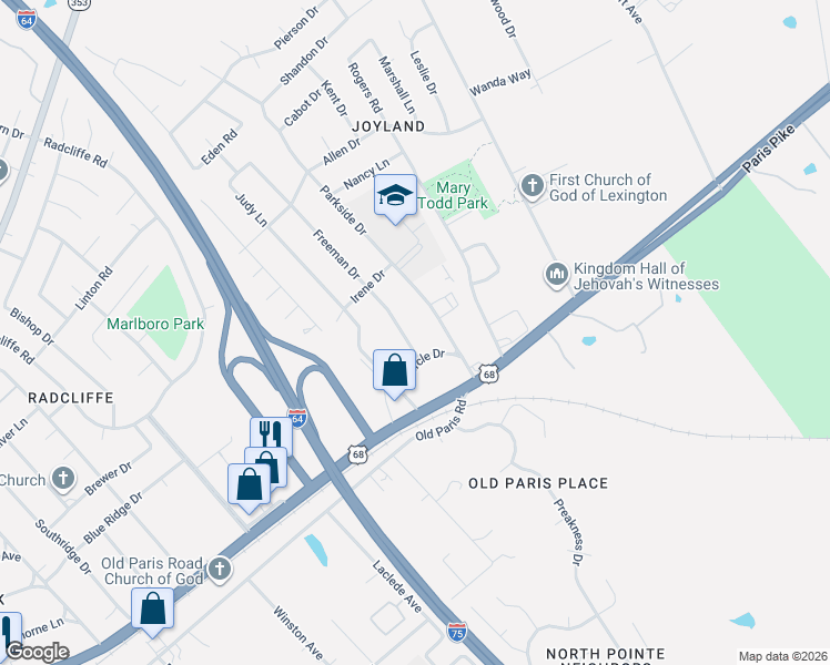 map of restaurants, bars, coffee shops, grocery stores, and more near 515 Freeman Drive in Lexington