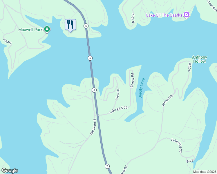map of restaurants, bars, coffee shops, grocery stores, and more near 391 Curvy Road in Camdenton