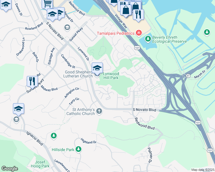 map of restaurants, bars, coffee shops, grocery stores, and more near 15 Columbine Ln in Novato