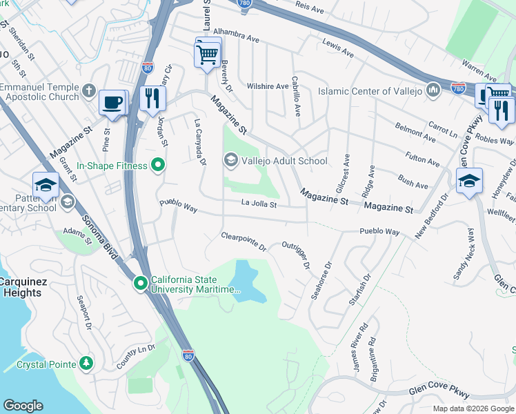 map of restaurants, bars, coffee shops, grocery stores, and more near 469 La Jolla Street in Vallejo