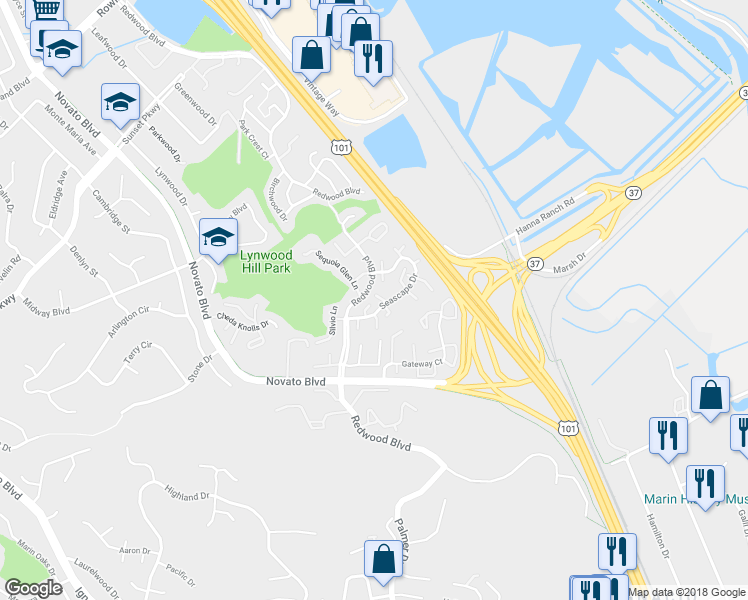 map of restaurants, bars, coffee shops, grocery stores, and more near 409 Fernbridge Place in Novato