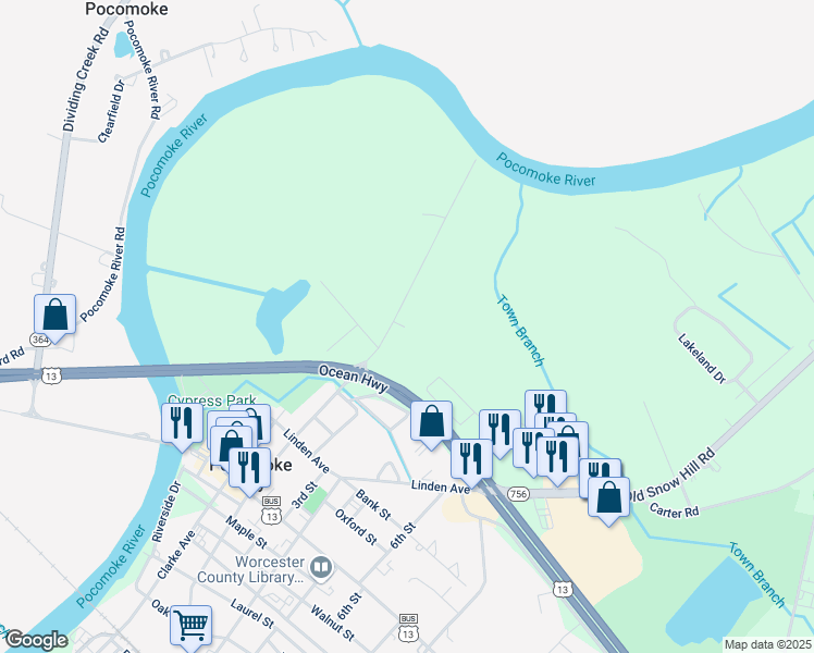 map of restaurants, bars, coffee shops, grocery stores, and more near 308 Winter Quarters Drive in Pocomoke City