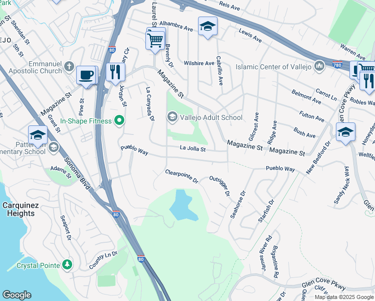 map of restaurants, bars, coffee shops, grocery stores, and more near 457 La Jolla Street in Vallejo