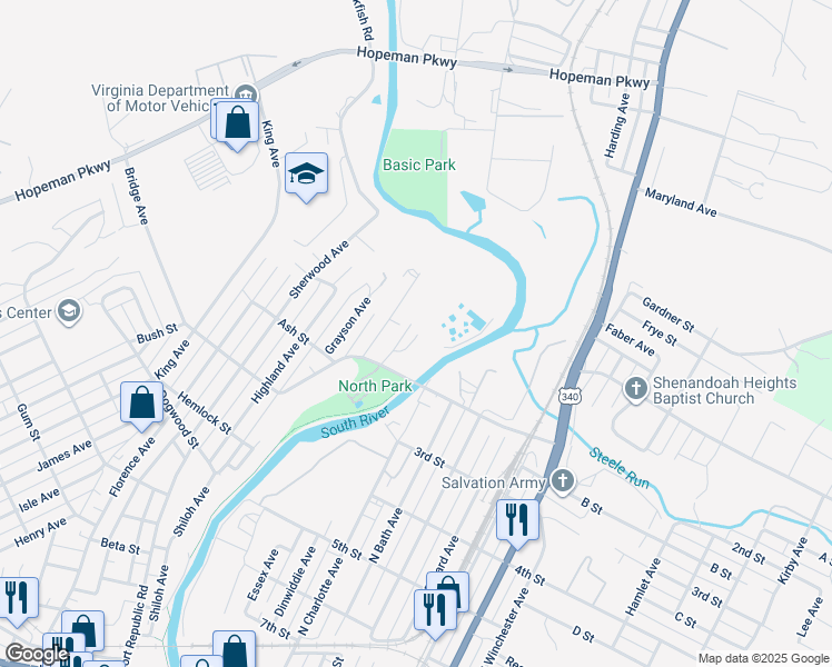 map of restaurants, bars, coffee shops, grocery stores, and more near 999 Essex Avenue in Waynesboro