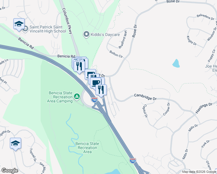 map of restaurants, bars, coffee shops, grocery stores, and more near 900 Cambridge Drive in Benicia