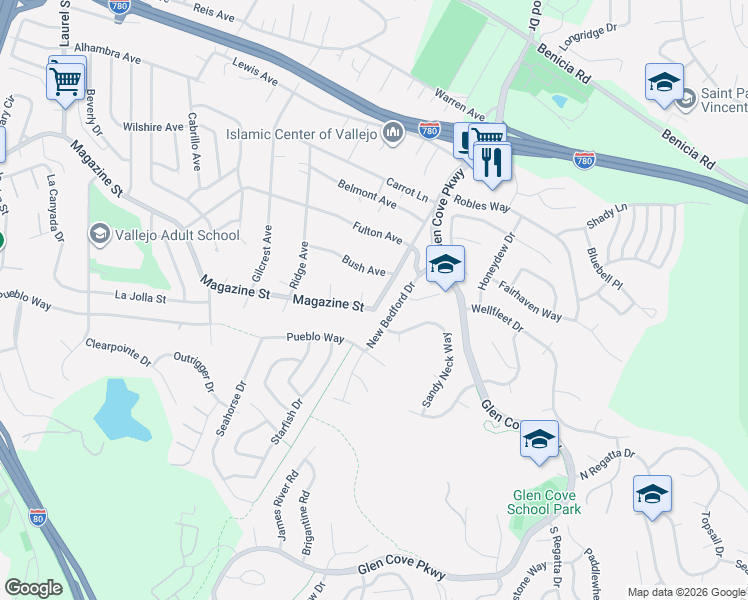 map of restaurants, bars, coffee shops, grocery stores, and more near 1313 Glen Cove Road in Vallejo