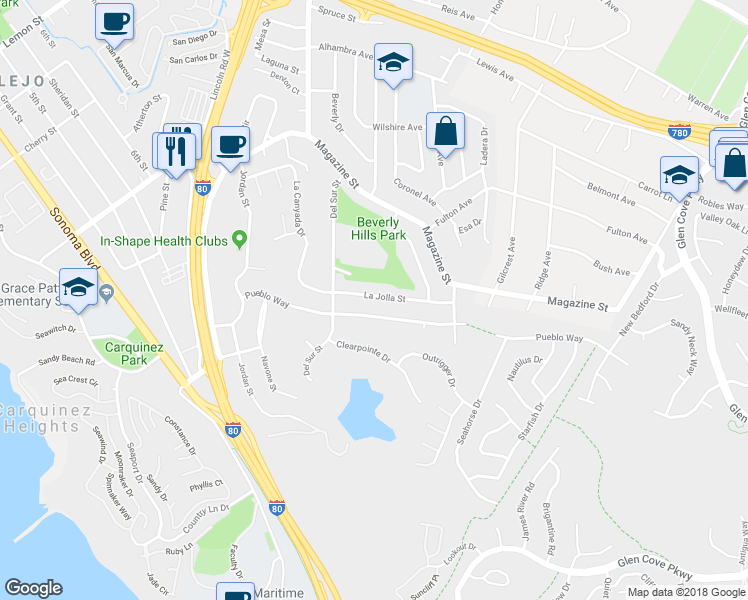 map of restaurants, bars, coffee shops, grocery stores, and more near 444 La Jolla Street in Vallejo