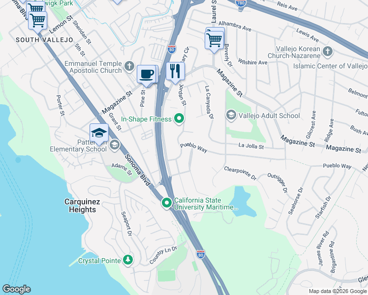 map of restaurants, bars, coffee shops, grocery stores, and more near 128 Pueblo Way in Vallejo