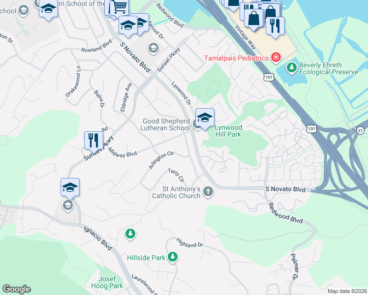 map of restaurants, bars, coffee shops, grocery stores, and more near 1177 Cambridge Street in Novato