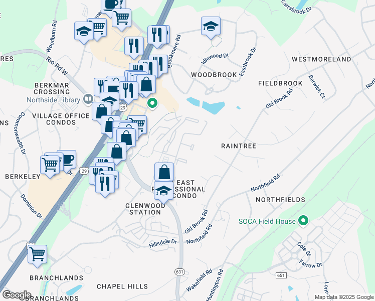 map of restaurants, bars, coffee shops, grocery stores, and more near 832 Mallside Forest Court in Charlottesville