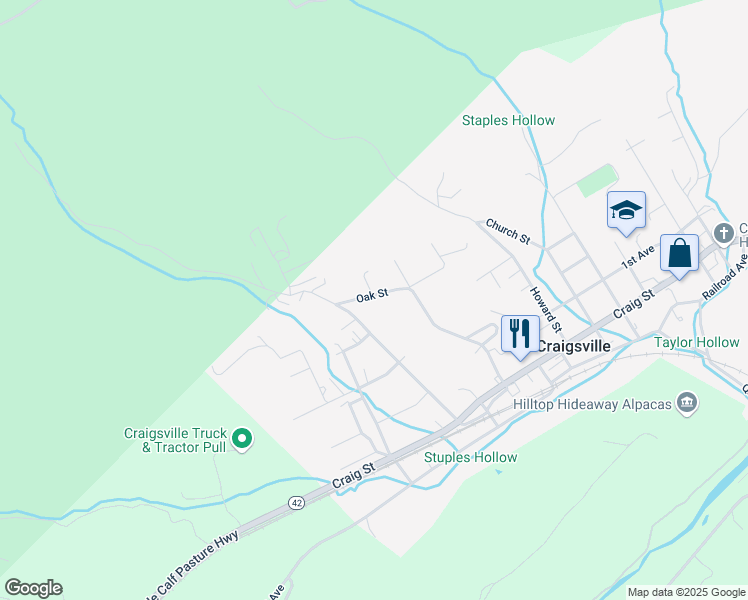 map of restaurants, bars, coffee shops, grocery stores, and more near 205 Oak Street in Craigsville