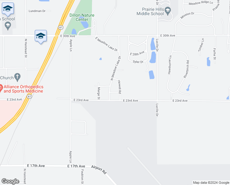 map of restaurants, bars, coffee shops, grocery stores, and more near 2400 N Meadow Lake Dr in Hutchinson