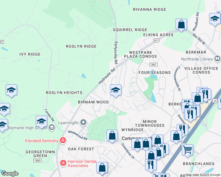 map of restaurants, bars, coffee shops, grocery stores, and more near 1602 Townwood Court in Charlottesville