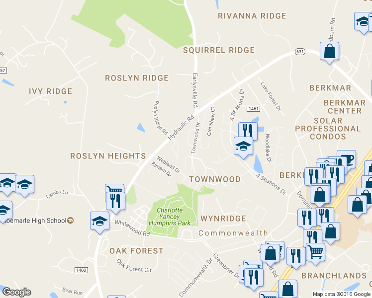 map of restaurants, bars, coffee shops, grocery stores, and more near 1602 Townwood Court in Charlottesville