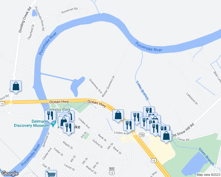 map of restaurants, bars, coffee shops, grocery stores, and more near 308 Winter Quarters Drive in Pocomoke City
