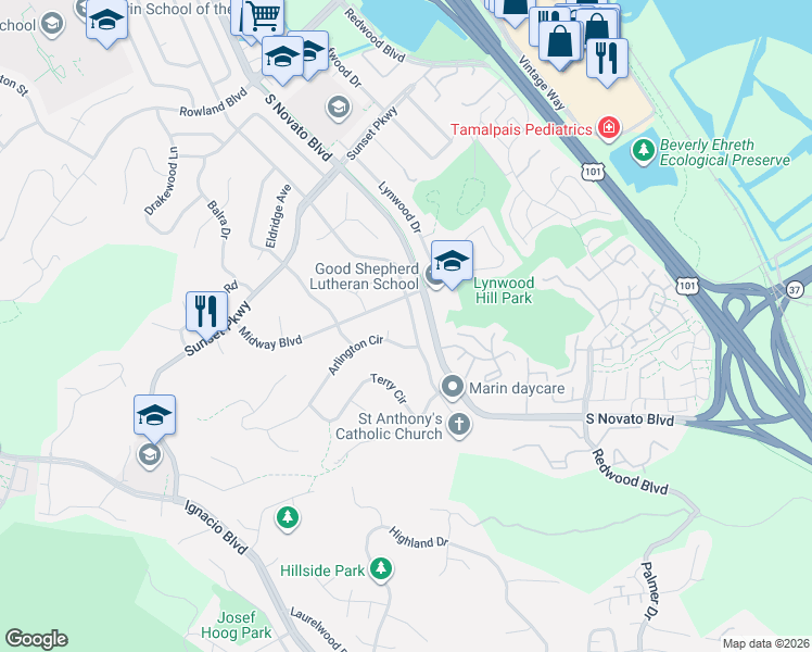 map of restaurants, bars, coffee shops, grocery stores, and more near 1177 Cambridge Street in Novato