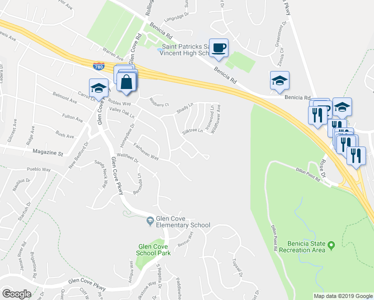 map of restaurants, bars, coffee shops, grocery stores, and more near 116 Silverpine Lane in Vallejo