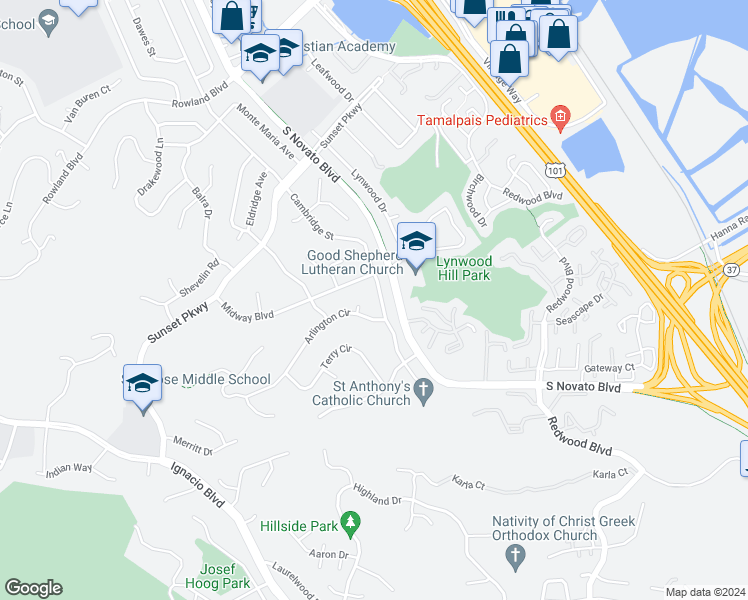 map of restaurants, bars, coffee shops, grocery stores, and more near 1171 Cambridge Street in Novato