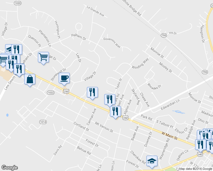 map of restaurants, bars, coffee shops, grocery stores, and more near 1060 Pendleton Drive in Waynesboro