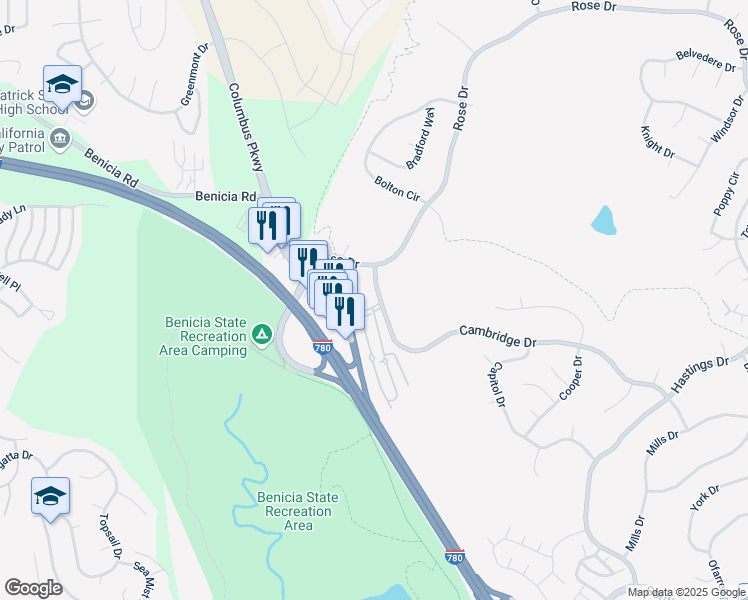 map of restaurants, bars, coffee shops, grocery stores, and more near 900 Cambridge Drive in Benicia