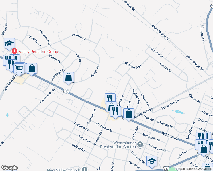 map of restaurants, bars, coffee shops, grocery stores, and more near 1060 Pendleton Drive in Waynesboro