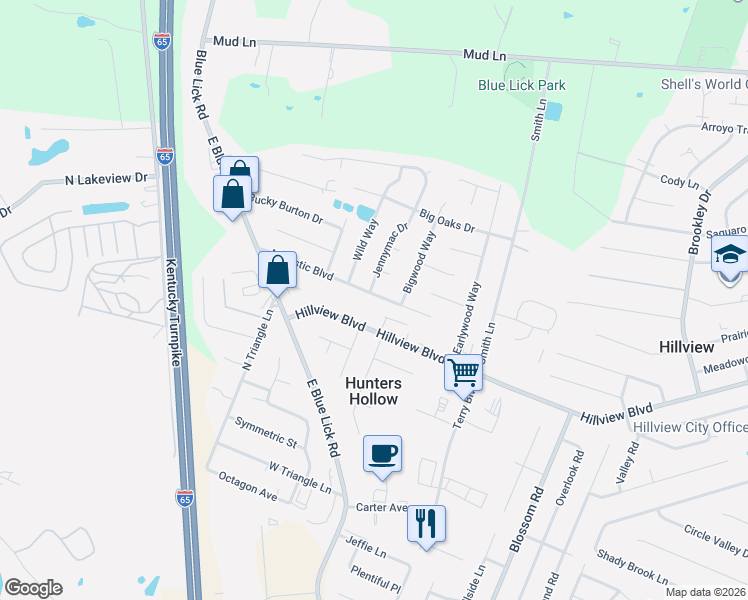 map of restaurants, bars, coffee shops, grocery stores, and more near 391 Majestic Boulevard in Louisville