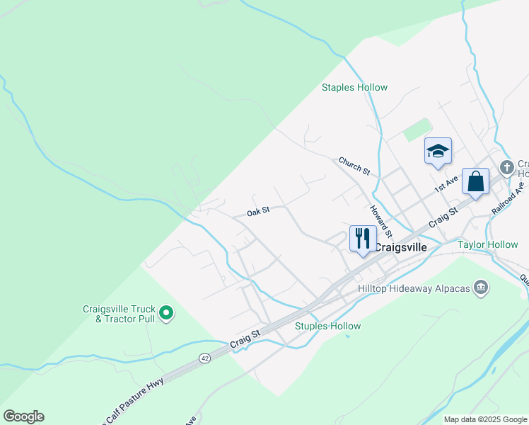 map of restaurants, bars, coffee shops, grocery stores, and more near 205 Oak Street in Craigsville