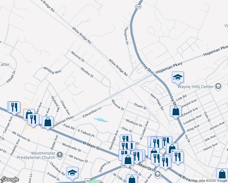 map of restaurants, bars, coffee shops, grocery stores, and more near 1905 Monroe Street in Waynesboro
