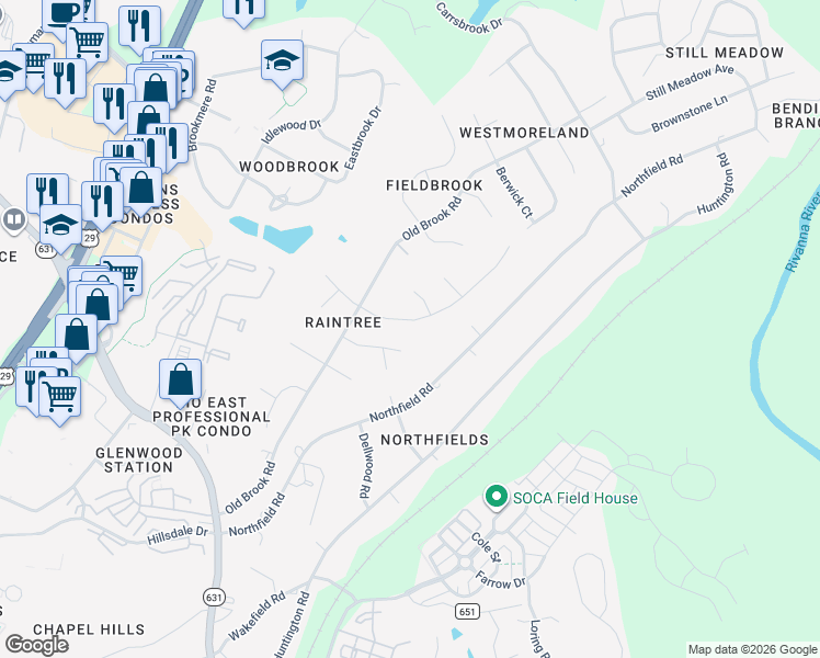 map of restaurants, bars, coffee shops, grocery stores, and more near 1143 Raintree Dr in Charlottesville