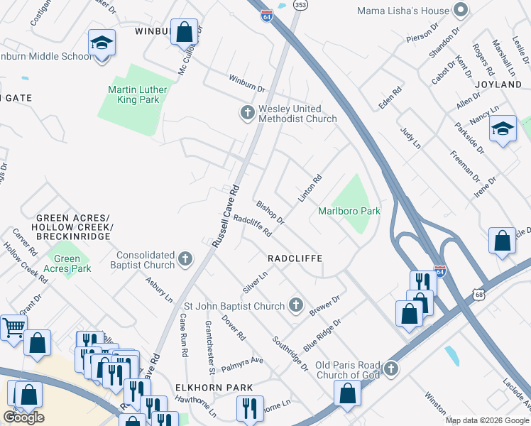 map of restaurants, bars, coffee shops, grocery stores, and more near 614 Bishop Drive in Lexington