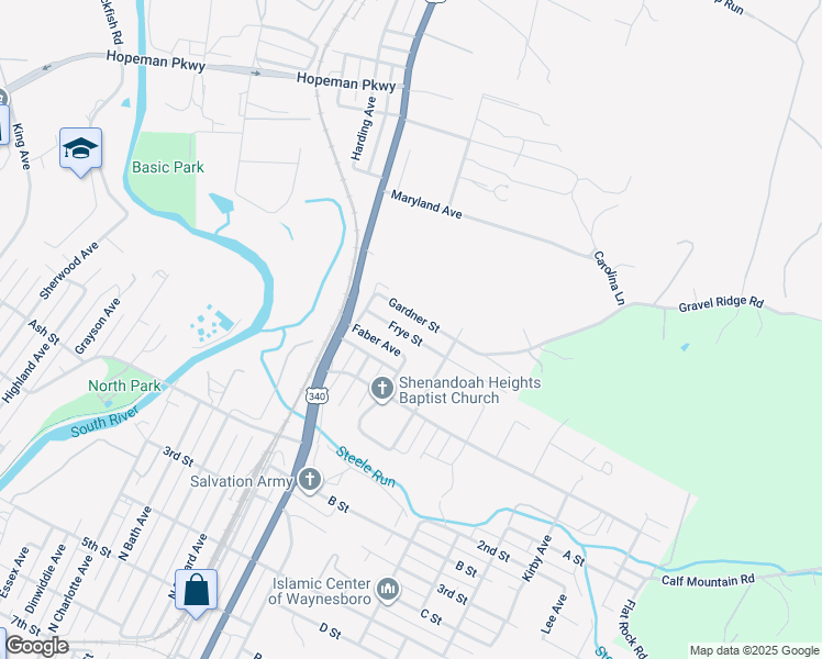 map of restaurants, bars, coffee shops, grocery stores, and more near 829 Frye Street in Waynesboro