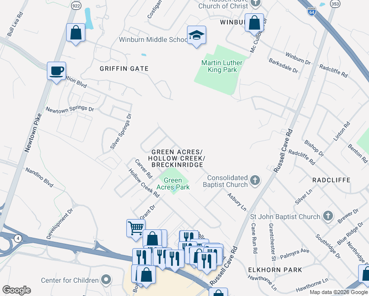 map of restaurants, bars, coffee shops, grocery stores, and more near 501 Asbury Lane in Lexington