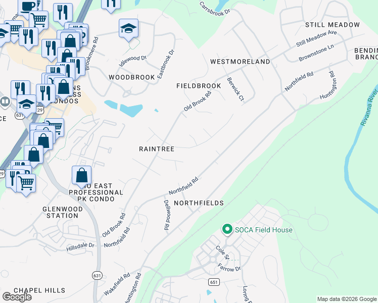 map of restaurants, bars, coffee shops, grocery stores, and more near 1143 Raintree Drive in Charlottesville